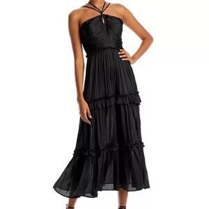 Aqua Black Strappy Ruched Tiered Midi Dress S